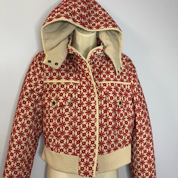 Free People Wool Blend Embroidered Crop Bomber Jacket Hooded Red Boho Women's M - Picture 3 of 16